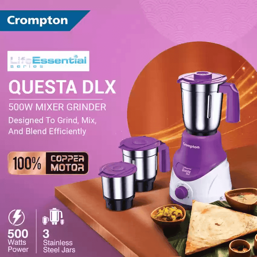 CROMPTON QUESTA DLX MIXER GRINDER 100% COPPER MOTOR AND MOTOR VENT-X TECHNOLOGY (3 STAINLESS STEEL JARS, LAVENDER)