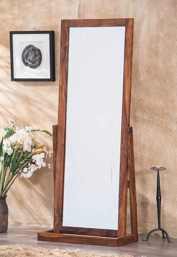 FURNITURE 5.5 FEET FULL LENGTH FLOOR CHEVAL MIRROR WITH ROTATING STAND, WOODEN SPACE SAVING TALL DRESSING BIG DISPLAY MIRROR FOR HOME, SOLID WOOD, HONEY FINISH, RECTANGULAR, FRAMED