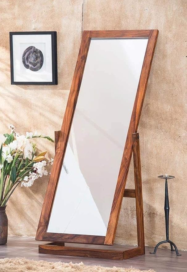 FURNITURE 5.5 FEET FULL LENGTH FLOOR CHEVAL MIRROR WITH ROTATING STAND, WOODEN SPACE SAVING TALL DRESSING BIG DISPLAY MIRROR FOR HOME, SOLID WOOD, HONEY FINISH, RECTANGULAR, FRAMED