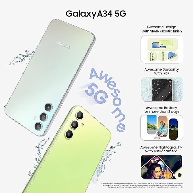 SAMSUNG GALAXY A34 5G (AWESOME LIME, 8GB, 128GB STORAGE) | 48 MP NO SHAKE CAM (OIS) | IP67 | GORILLA GLASS 5 | VOICE FOCUS | WITHOUT CHARGER