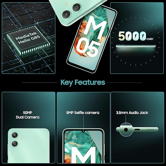 SAMSUNG GALAXY M05 (MINT GREEN, 4GB RAM, 64 GB STORAGE) | 50MP DUAL CAMERA | BIGGER 6.7" HD+ DISPLAY | 5000MAH BATTERY | 25W FAST CHARGING | 2 GEN OS UPGRADE & 4 YEAR SECURITY UPDATE | WITHOUT CHARGE