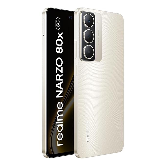 REALME NARZO 80X 5G (SUNLIT GOLD,8GB+128GB) | | DIMENSITY 6400 5G CHIPSET | 6000MAH LONG-LASTING BATTERY | 45W FAST CHARGE | 120HZ EYE COMFORT DISPLAY | IP69 TOP-TIER WATERPROOF