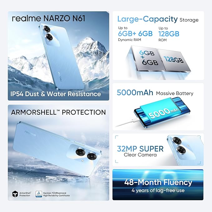 REALME NARZO N61 (VOYAGE BLUE,4GB RAM+64GB STORAGE) 90HZ EYE COMFORT DISPLAY | IP54 DUST & WATER RESISTANCE | 48-MONTH FLUENCY | CHARGER IN THE BOX